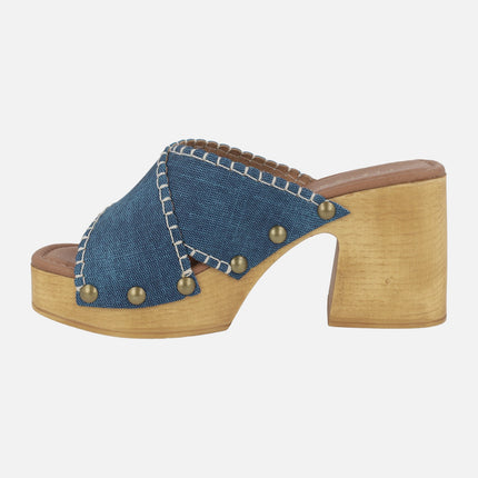 Heeled clogs in denim fabric with studs