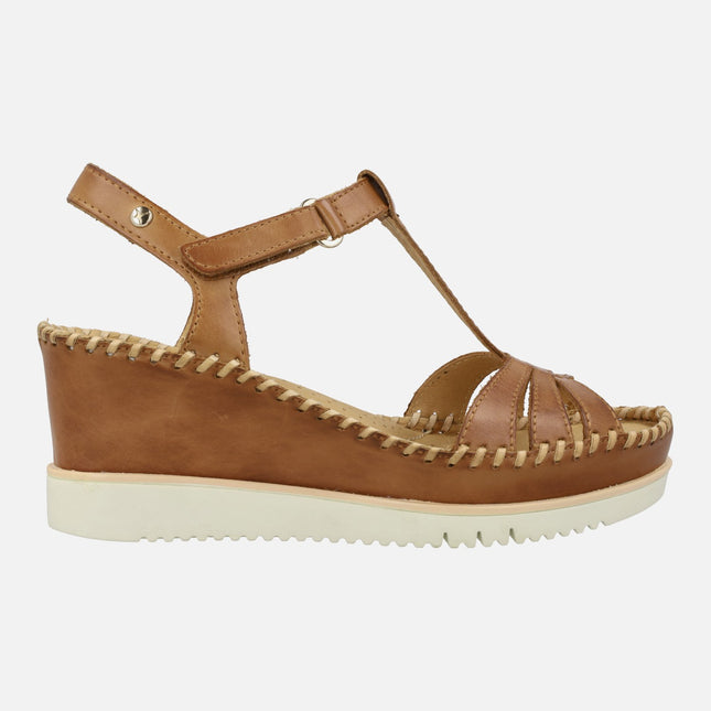 Brown leather sandals with velcro closure and high wedge Aguadulce W3Z-1776