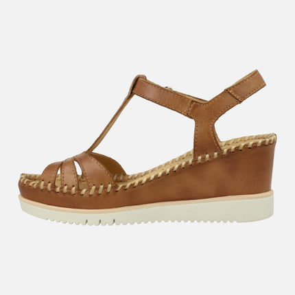 Brown leather sandals with velcro closure and high wedge Aguadulce W3Z-1776
