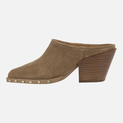 Alpe Vermont cowboy clogs in camel suede with studs