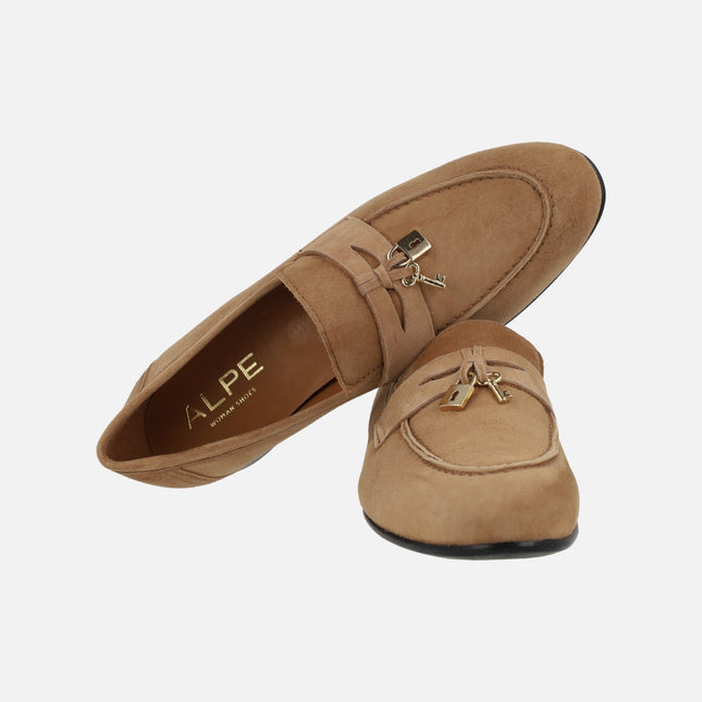 Alpe Mimi Camel suede moccasins with padlock and key