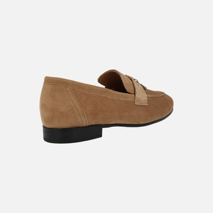 Alpe Mimi Camel suede moccasins with padlock and key
