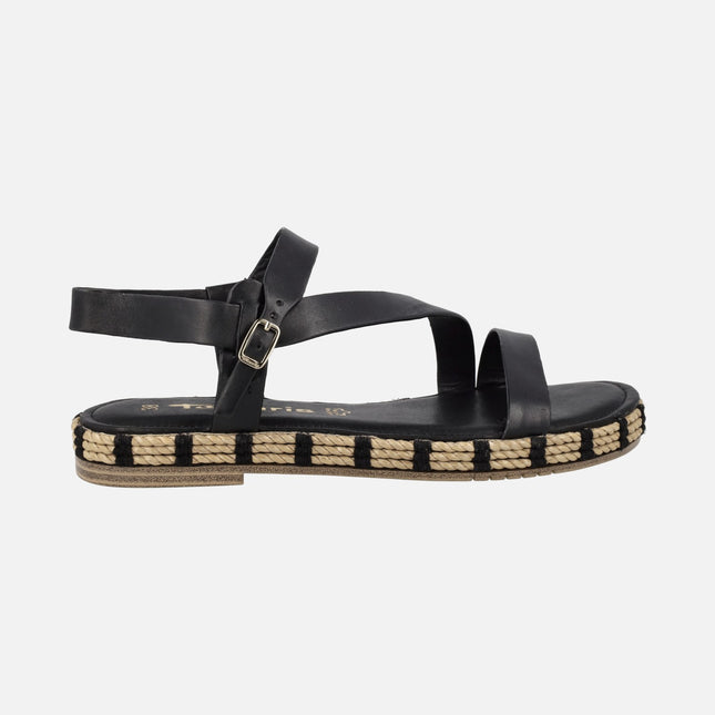 Black leather sandals with raffia platform