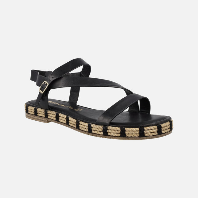 Black leather sandals with raffia platform
