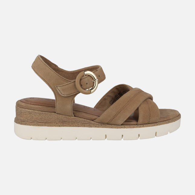 Sandals in camel suede with crossed strips and ankle buckle