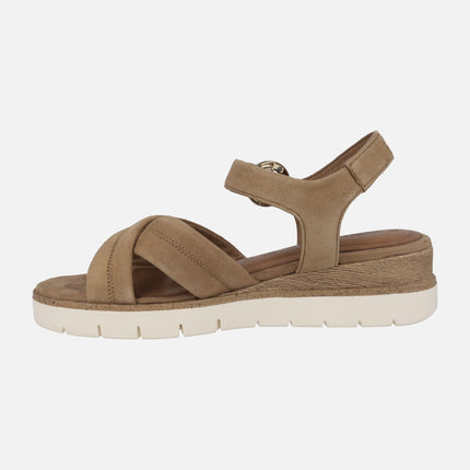 Sandals in camel suede with crossed strips and ankle buckle