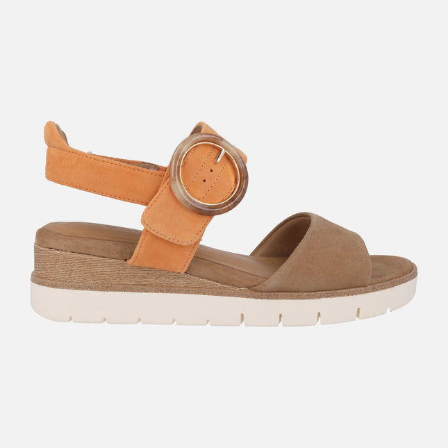 Beige suede sandals with buckle and velcro closure
