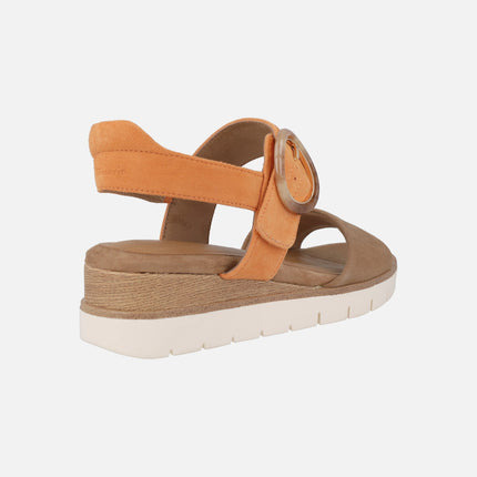 Beige suede sandals with buckle and velcro closure