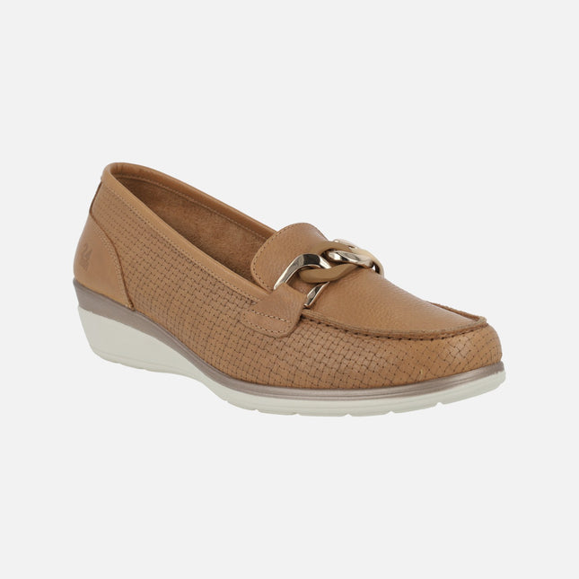 Camel leather moccasins braided effect with chain detail