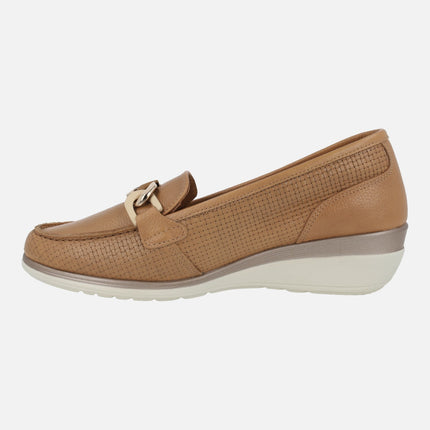 Camel leather moccasins braided effect with chain detail