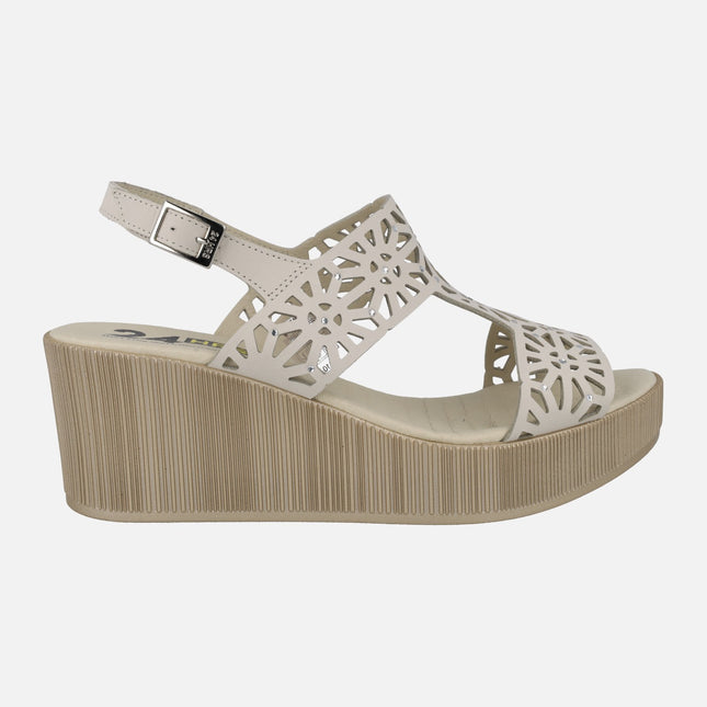 Wedged sandals in beige nobuck with strass