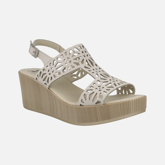 Wedged sandals in beige nobuck with strass