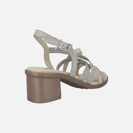 Heeled sandals with multi material strips