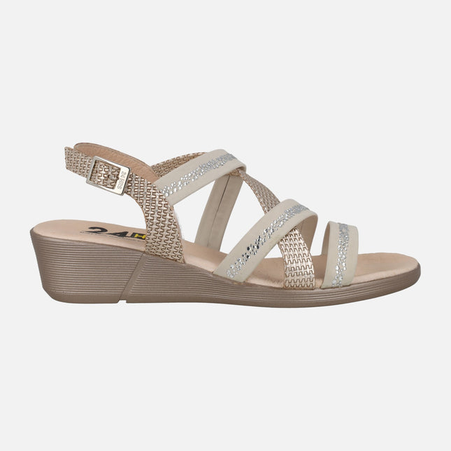 Comfort leather sandals with combined strips and strass