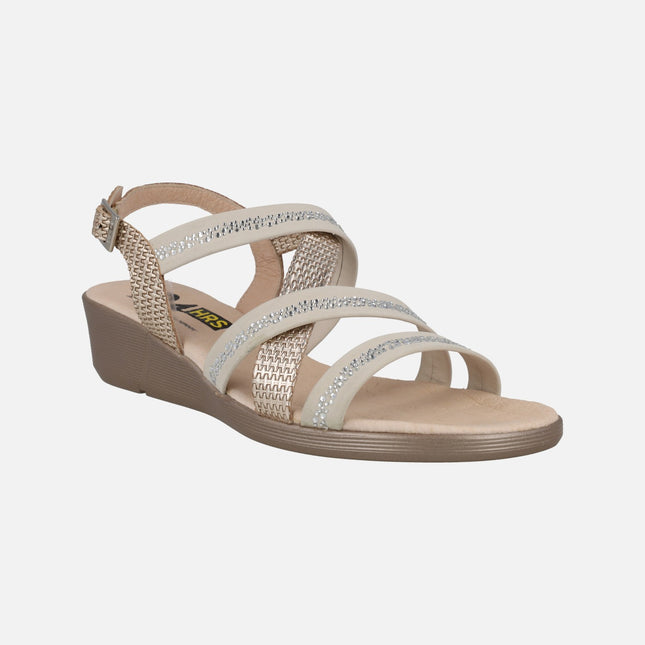 Comfort leather sandals with combined strips and strass