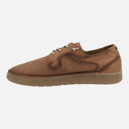 Casual style shoes for men in camel leather with elastic laces
