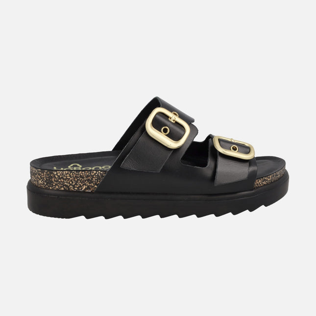 Black leather sandals with gold buckles and platform Tunez 130