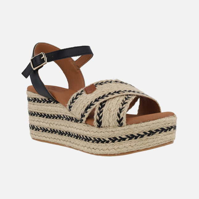 Leather and raffia sandals with wedge and platform Benijo Salem