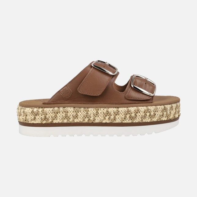 Leather sandals with buckles and raffia platform Collao Bombay