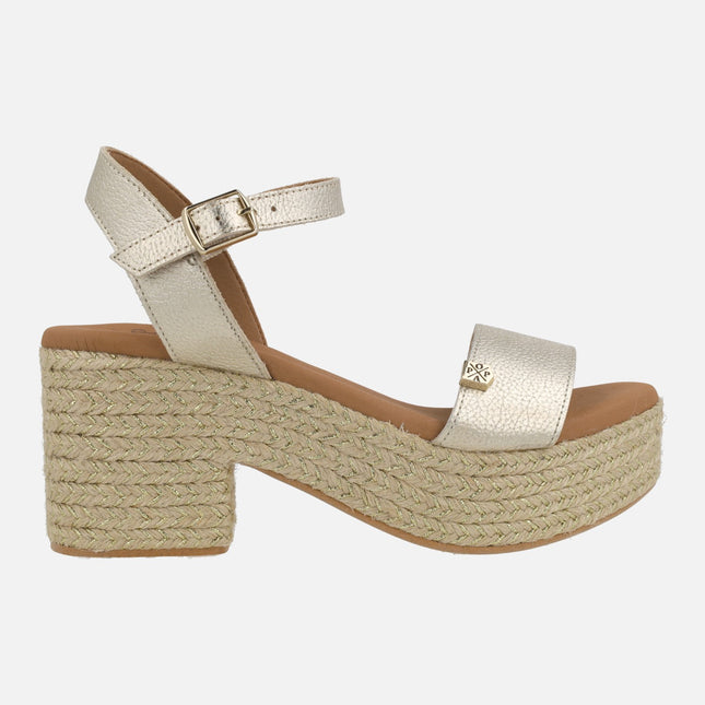 Leather sandals with platform and heel of raffia ABAKA GOLD