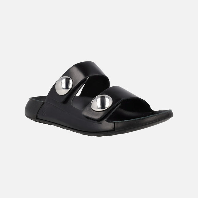 Cozmo Black leather sandals with velcro closure and metal buttons