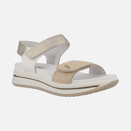 Leather sandals in white gold and beige combination with velcro closure