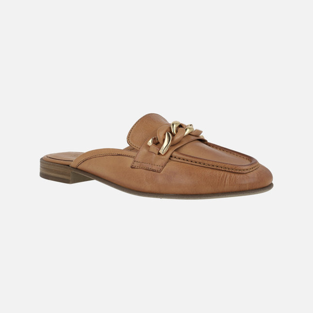 Moccasin style camel leather mules with chain ornament