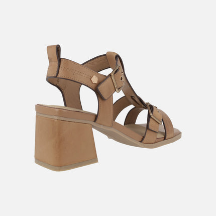 Camel leather sandals with heel and double buckles closure