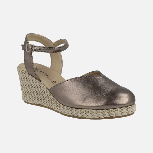 Leather espadrilles with raffia wedge in old silver