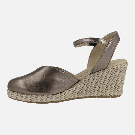 Leather espadrilles with raffia wedge in old silver