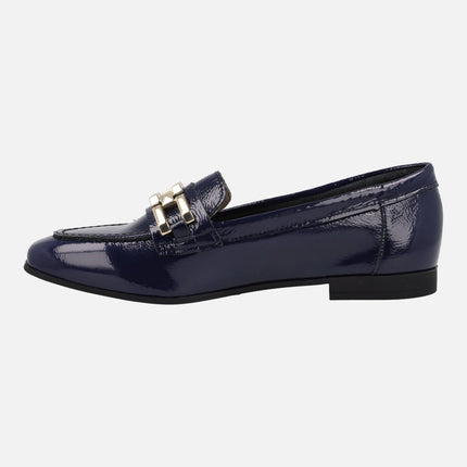Navy blue patent leather moccasins with golden metallic ornament