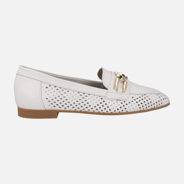 White leather moccasins with metallic ornament