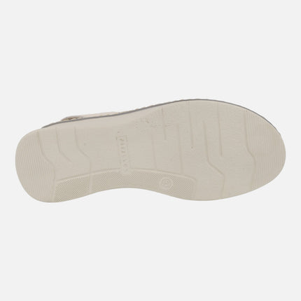 Sandalias confort de piel en combinado beige con elásticos laterales