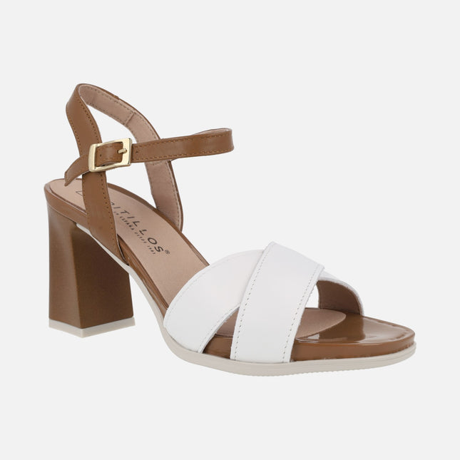 High heeled sandals in white and brown combination
