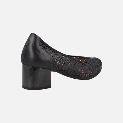 Black leather pump shoes with perforations