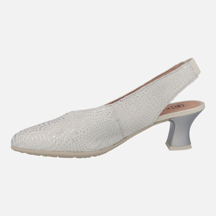 Open heel pump shoes in off white with silver flashes