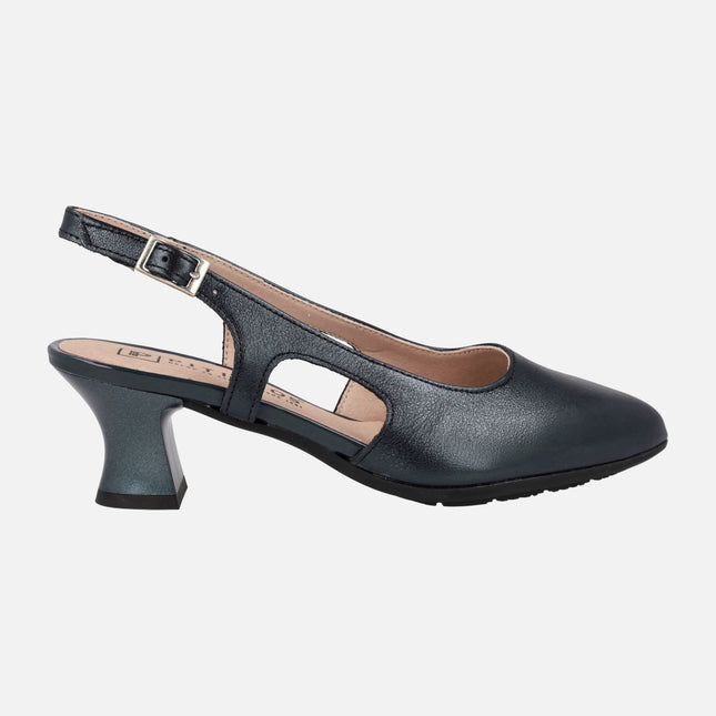 Open heel leather pumps with 6 cms heels