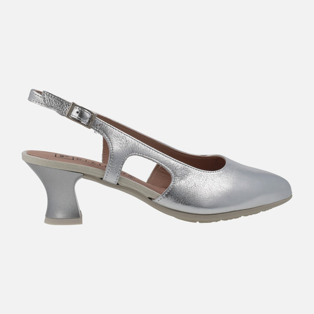 Open heel leather pumps with 6 cms heels