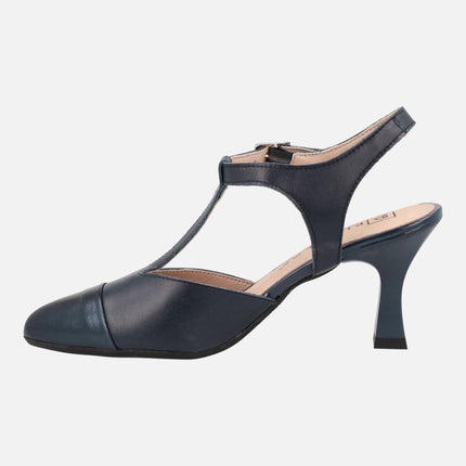 Open heel leather shoes with strip crossing the instep