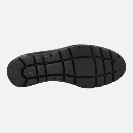 Black leather comfort moccasins with elastics