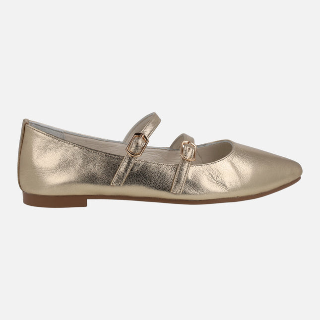 Metallized leather mary jane shoes with double buckled strip