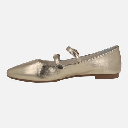 Metallized leather mary jane shoes with double buckled strip