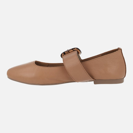 Camel leather ballerinas with wide strip to the instep and buckle