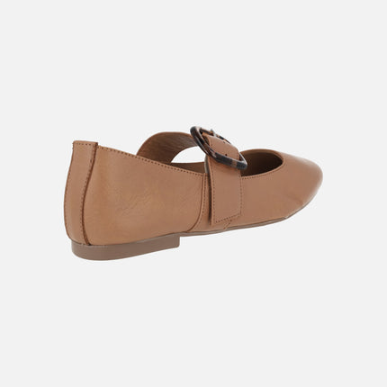 Camel leather ballerinas with wide strip to the instep and buckle