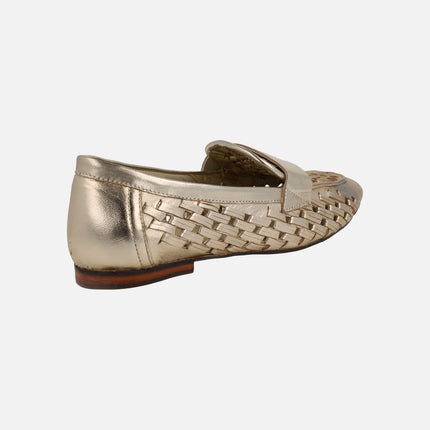 Metalized gold braided leather moccasins 