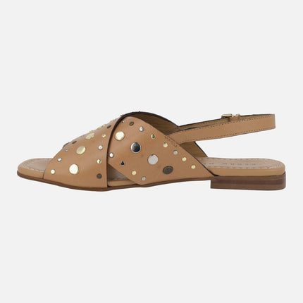 Flat camel leather sandals with studs