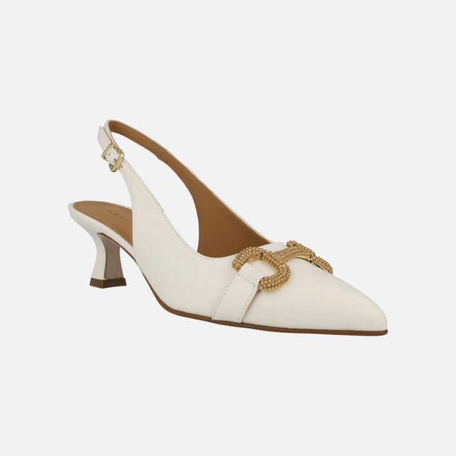 White leather open heel pumps with camel fantasy detail