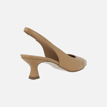 Camel leather open heel pumps with golden details
