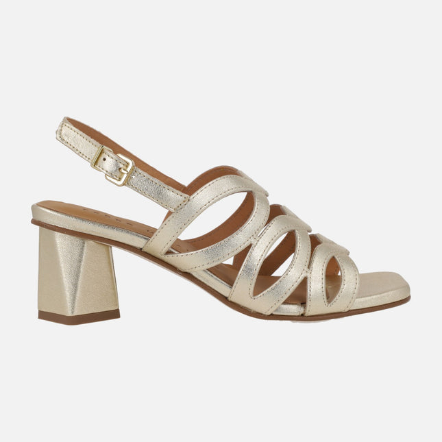 Platinum Metallic Leather Sandals with geometric heels
