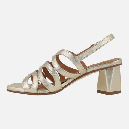 Platinum Metallic Leather Sandals with geometric heels